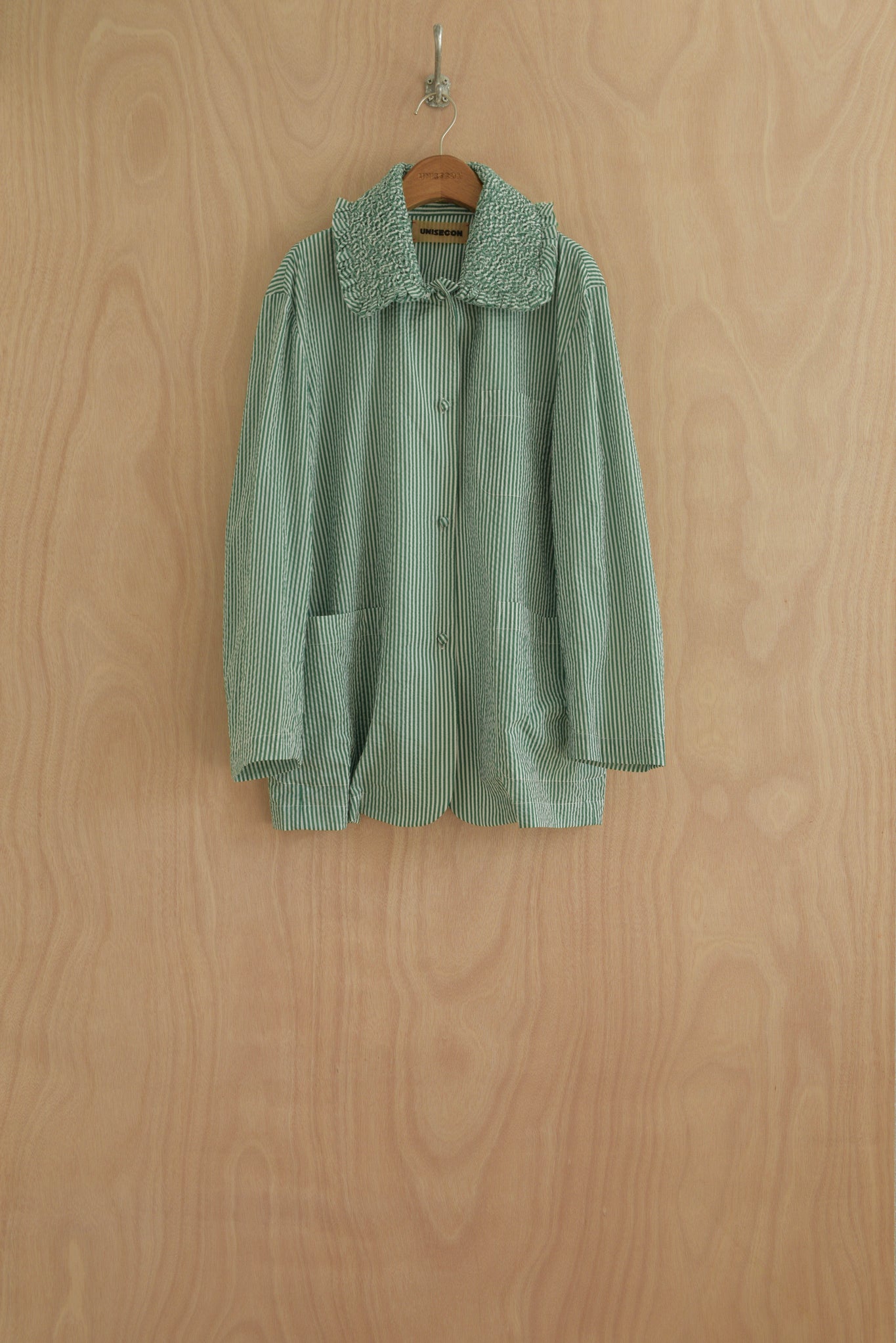 Kayo Top front view in green and white textured Japanese organic cotton