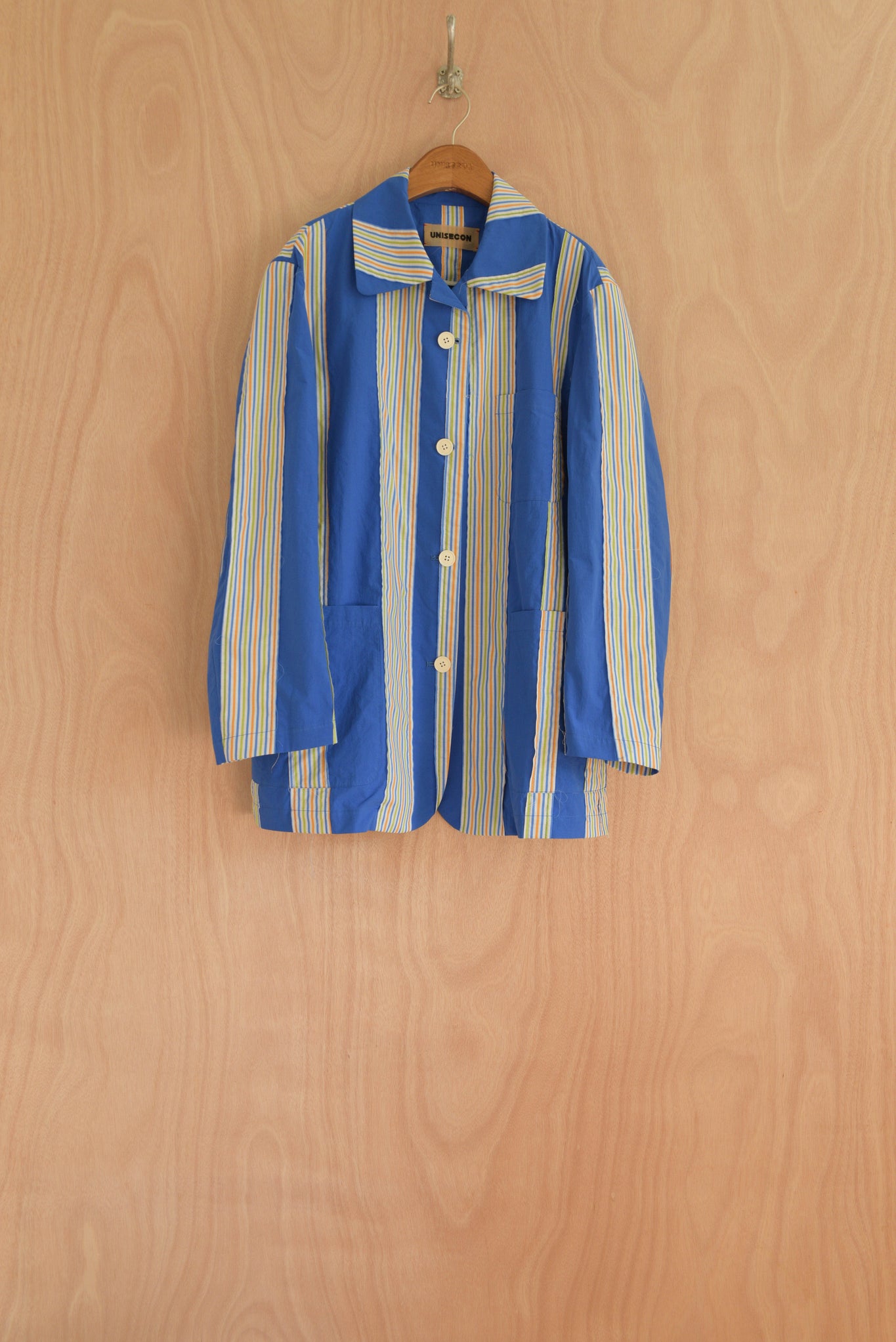 Nicole Jacket front view in blue striped organic cotton