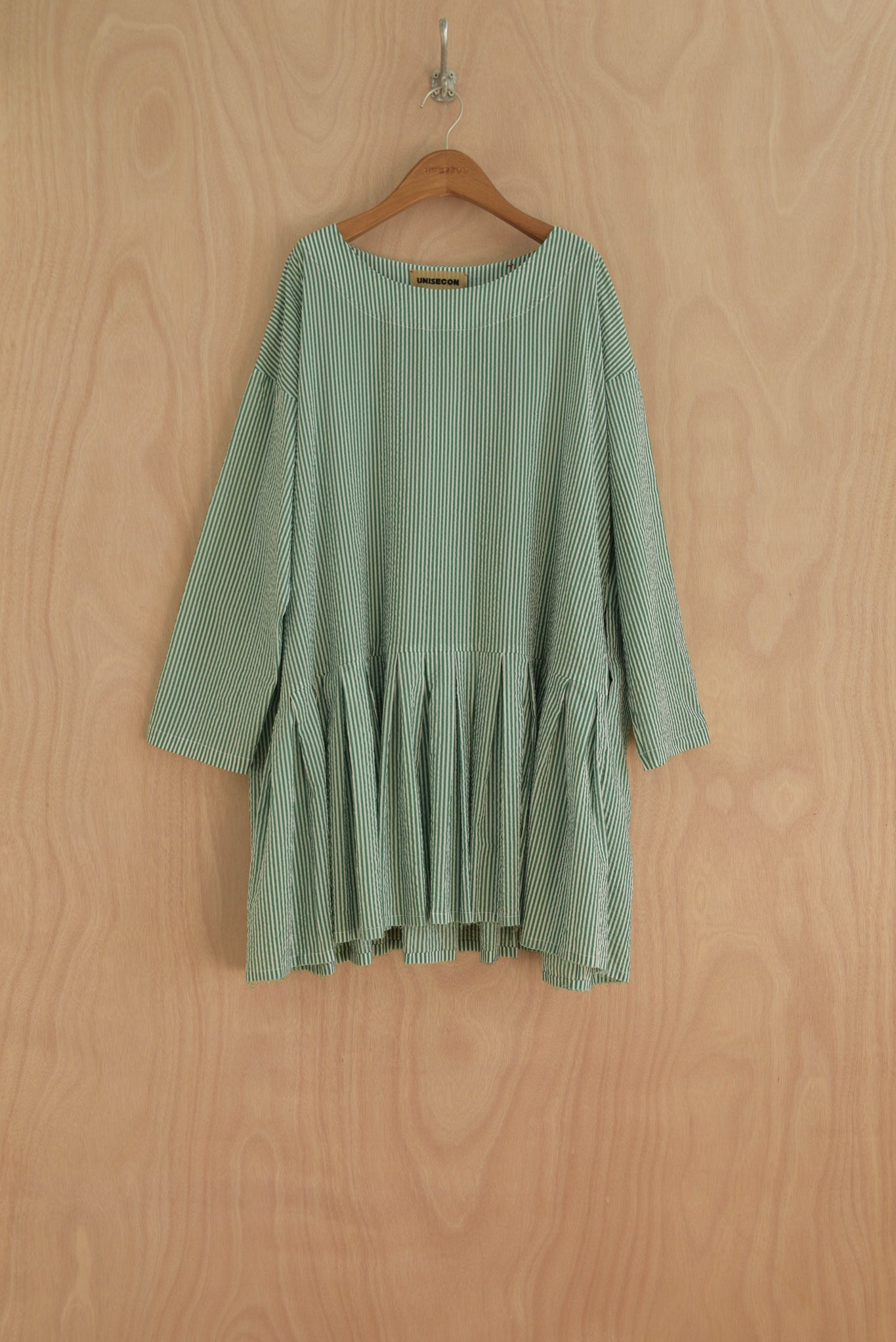 Ula Top front view in green and white Japanese organic cotton with gathered hem