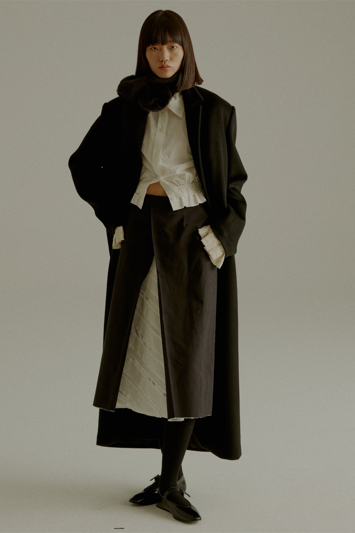 UNISECON AW23 CHARLIE COAT - Super Fine Wool, Long Black Coat, Laced Cuffs - open front