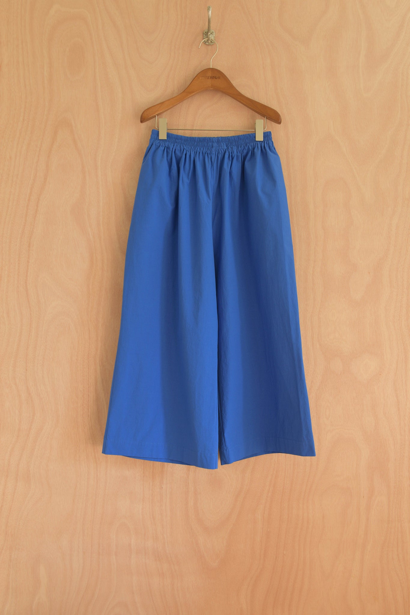 Front view of Afra Pants in blue, featuring a wide-leg silhouette and elastic waistband.