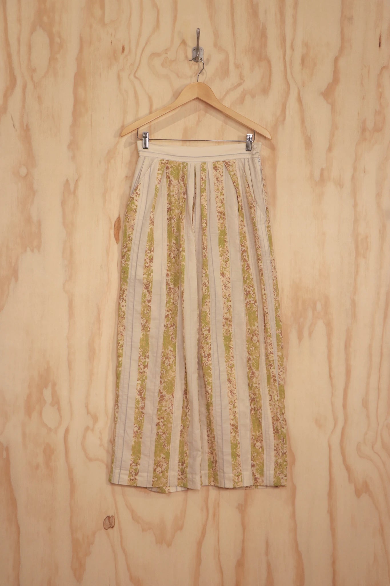 Front view of Brielle Pants in organic-cotton stripe and yellow-green pieced panels
