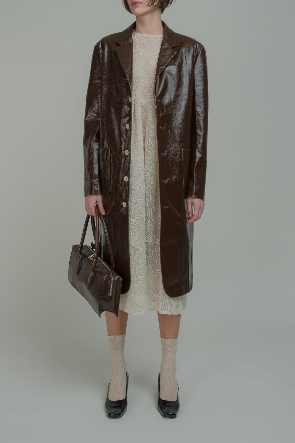 Brown Faux-Leather Long Jacket