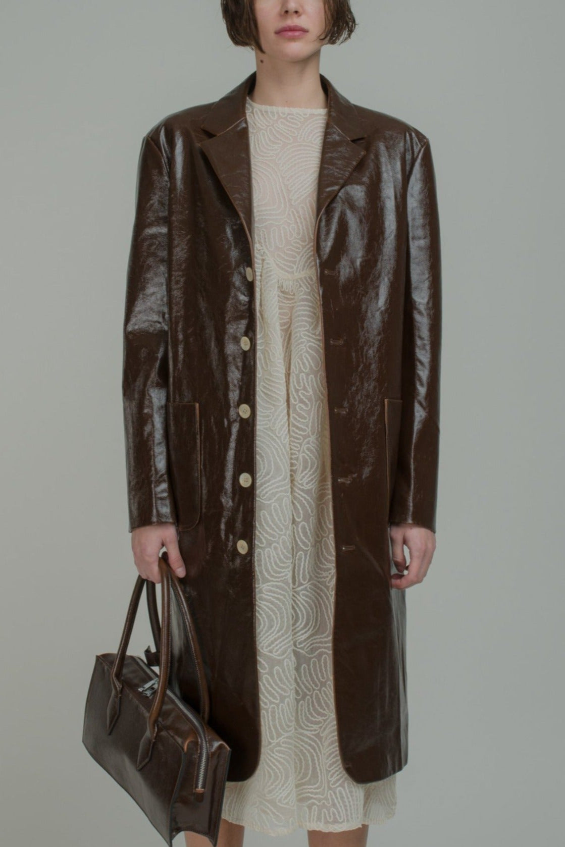 UNISECON SS21 Brown Faux-Leather Long Jacket